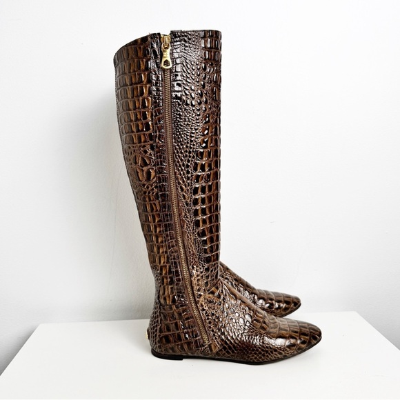 BCBGMAXAZRIA croc embossed hidden wedge knee high boots brown size 6 - Picture 2 of 10